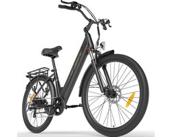 Touroll 2026 J1-zwarte stap-in elektrische fiets-27,5 inch-250W achterwielmotor 45Nm-Shimano 7 versnellingen-561,6Wh losneembare accu tot 100km-80mm vergrendelbare voorvering