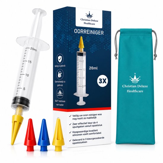 Oorspuit, verpakking, opbergzakje en drie gekleurde opzetstukken (rood, blauw, geel).