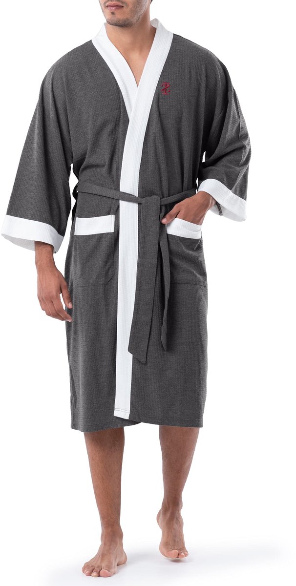 SnelShoppen - Heren Badjas Wafel Gebreid Kimono, Carbon Zwart Gevlekt, XXL-3XL, Comfortabele Badmode voor Thuis, Wellness en Ontspanning