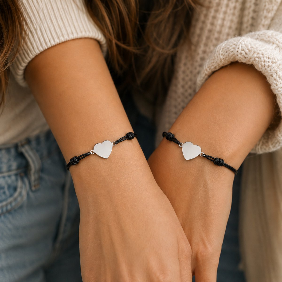 Engravia by Derya – Vriendschapsarmband Set 2 Stuks – RVS Hart Armbanden – Verstelbaar Koord 3 cm – Zwart/Zilver – Cadeau voor Beste Vriendinnen, Zussen of Koppel