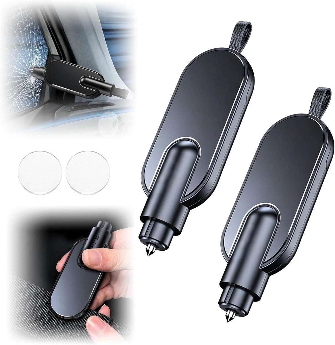 2 in 1 Ruitenbreker & Gordelsnijder - Veiligheidshamer Auto - Noodhamer - Set van 2 - Safety Hammer - Inclusief Testglas - Draagbare Noodgereedschap - Veilig Onderweg - Zwart - SOLLBRY®