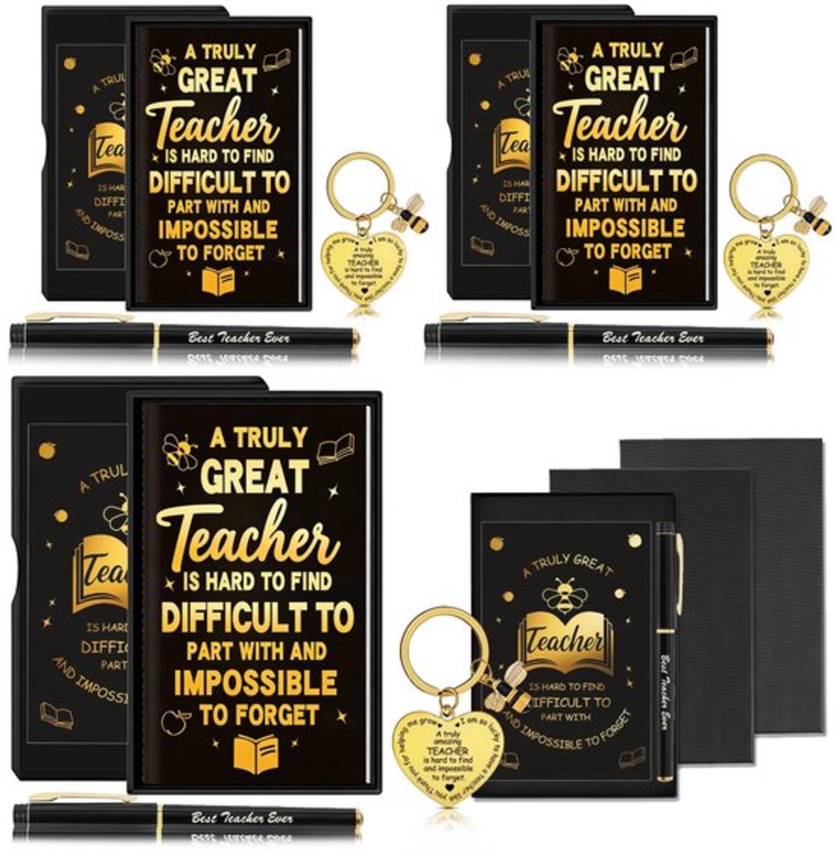 Lerarencadeaus 3 sets - Notitieboekjes/Pennen - Wenskaarten/Sleutelhangers - Cadeauset - Geschenken voor leraren - Zwarte geschenkdozen - Lerarengeschenken