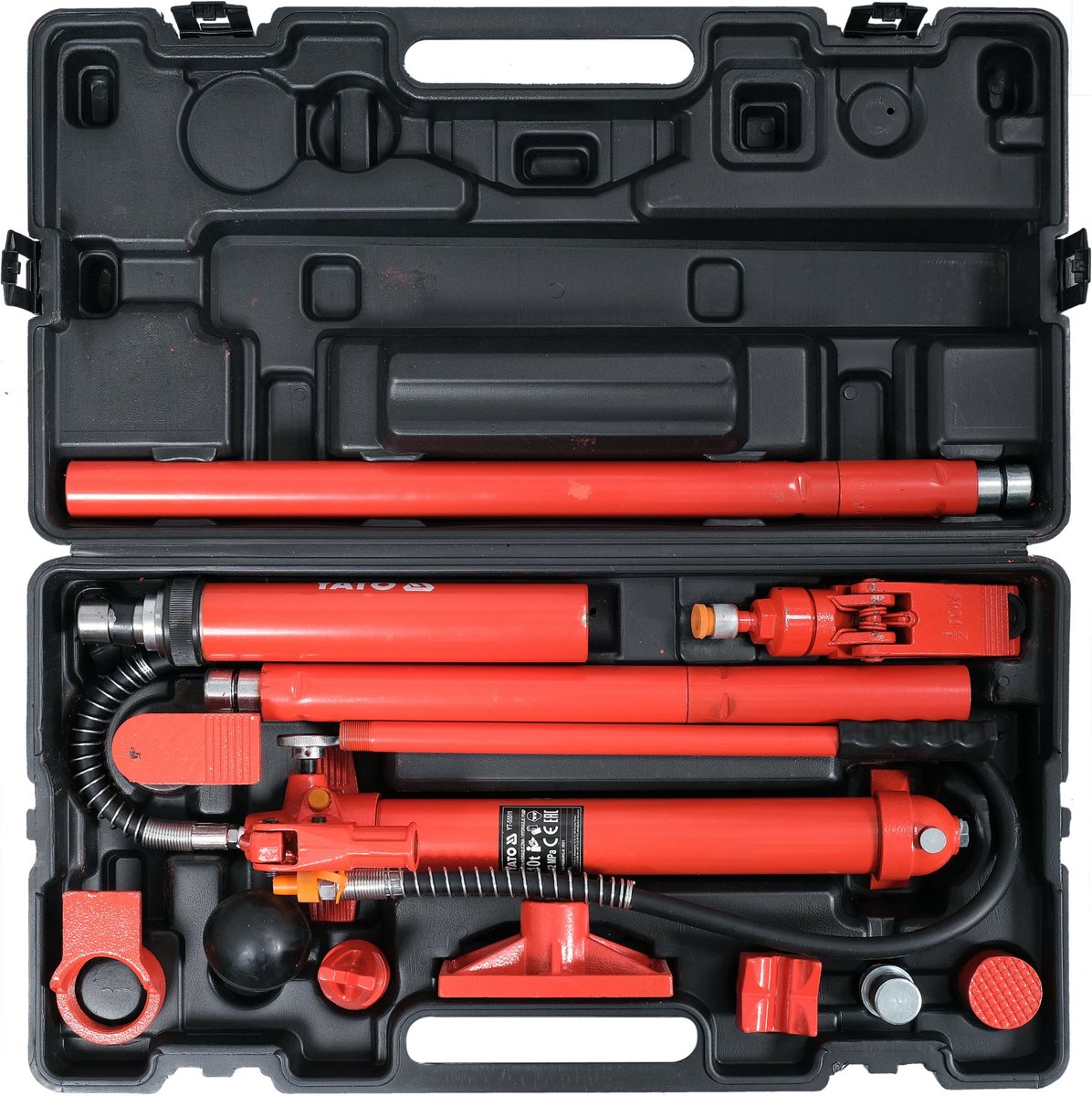 YATO Professionele Hydraulische Uitdeukset & Richtset – 10 Ton – 620 Bar – Slag 135 mm – Met Pomp, Verlengpijpen, Spreider (0.5 t) & Hulpstukken – Inclusief Koffer