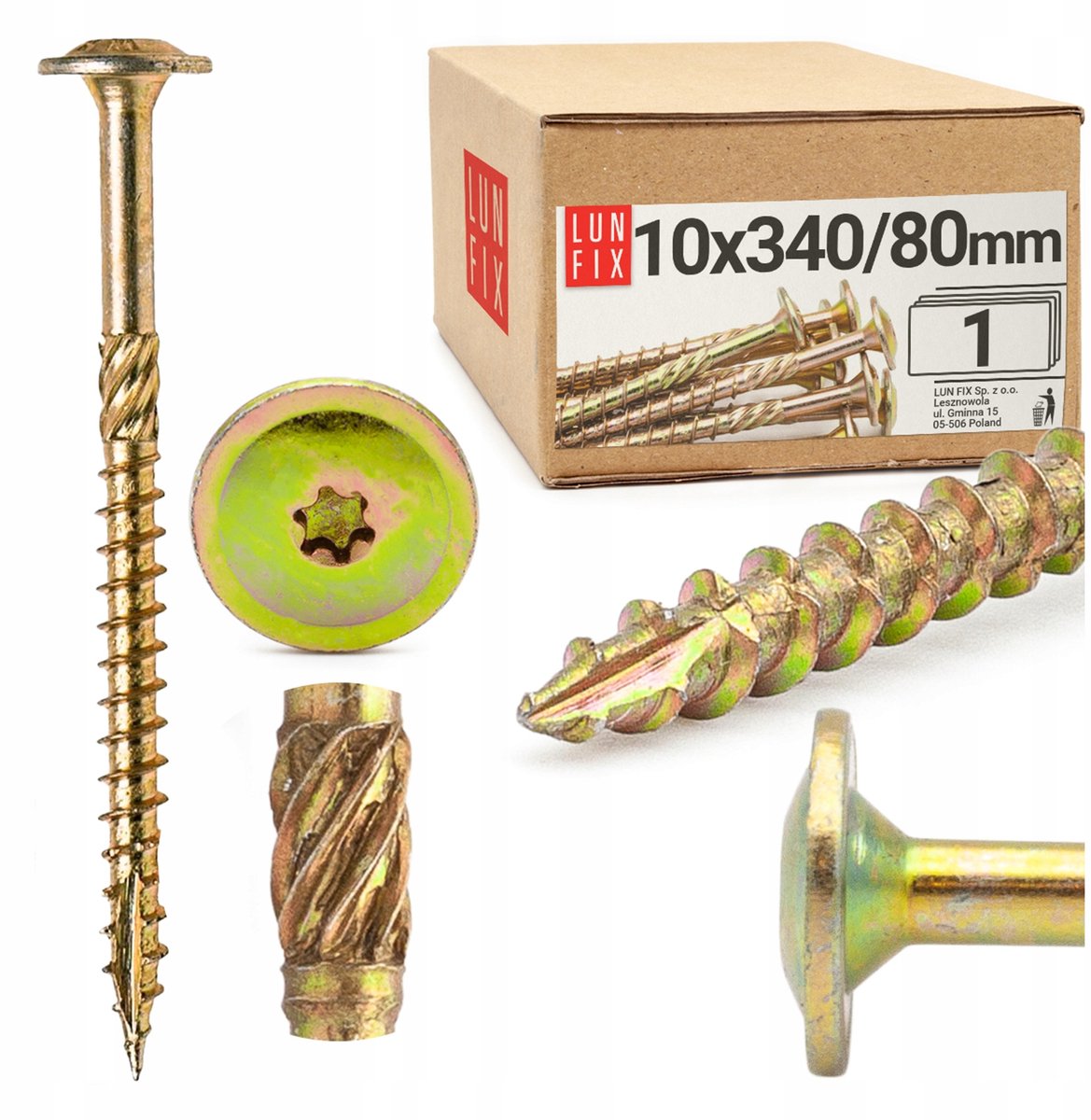 LUN FIX - Tellerkopfschroeven 10x340 - 1 stuk - TX40 Torx - Tellerkop met freestrips - Houtschroeven