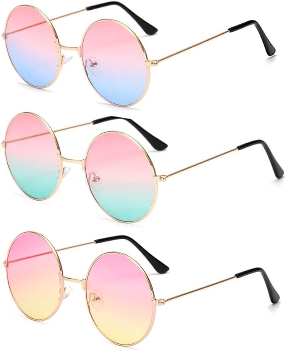 3 Paar ronde zonnebrillen - ronde kleurn bril - retro zonnebril - hippie-feestbril - grappige bril - voor verjaardagsfeesten, carnaval, cosplay-feest - kleurn