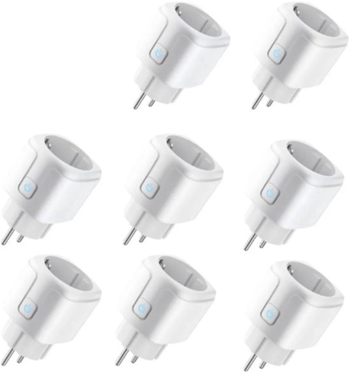 Set van 8 slimme wifi-stopcontacten, bedienbaar via een app, draadloos verbonden, maximaal vermogen 2000 watt, maximale stroomsterkte 16 ampère, met timer.