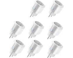 Set van 8 slimme wifi-stopcontacten, bedienbaar via een app, draadloos verbonden, maximaal vermogen 2000 watt, maximale stroomsterkte 16 ampère, met timer.