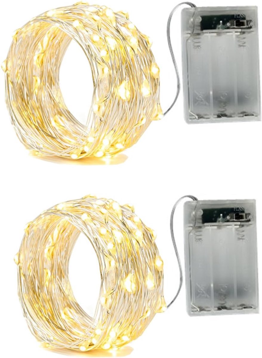 Thijox - Set van 2 LED Lichtjeskettingen met 20 Micro-LEDs per Ketting - 2m Zilverdraad - Warm Wit - Perfect voor Feest, Kerst, Halloween en Bruiloft