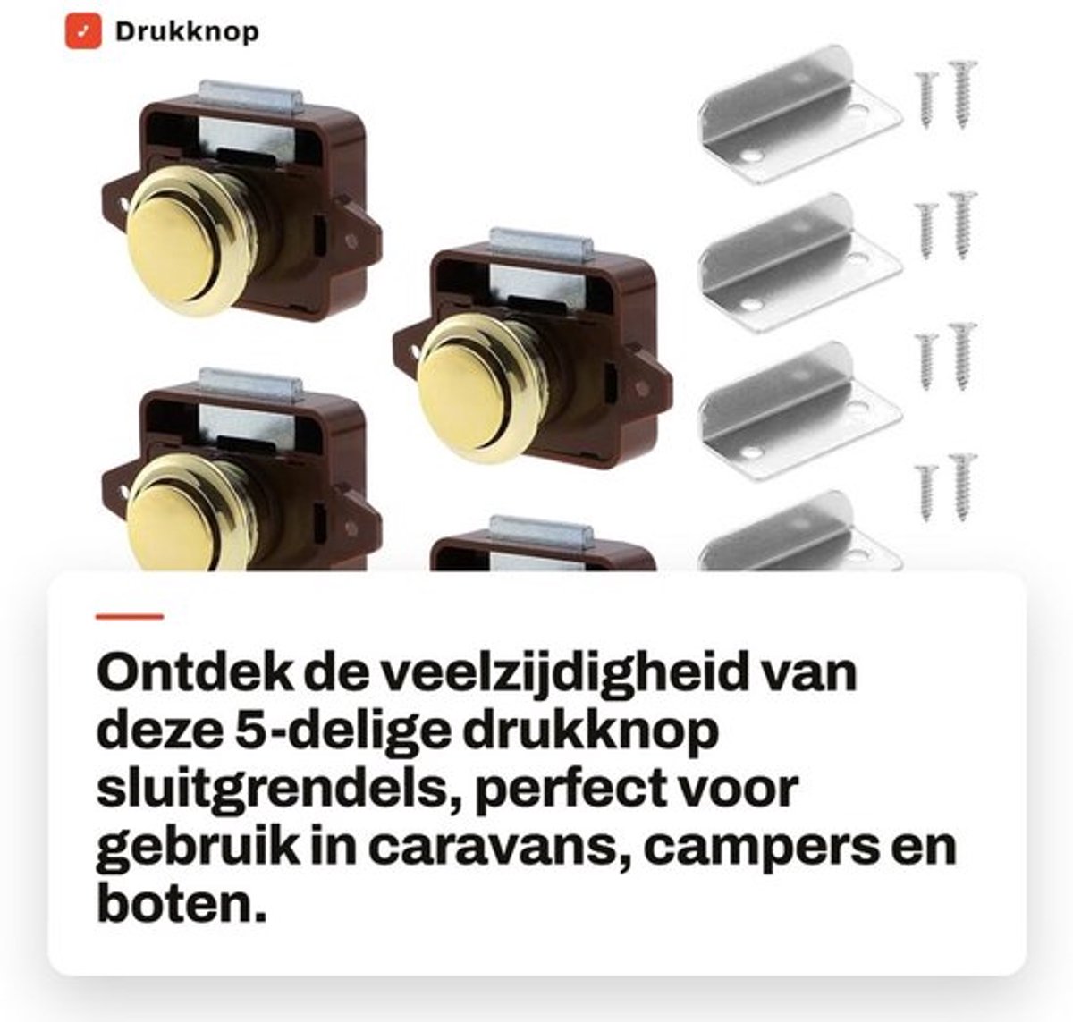 Sluitgrendel 5-delig - Drukknop - Kastlade Sluitgrendel - Sleutelloze Deurknop - Zinklegering/Plastic - Geschikt voor 15-18mm Dikte