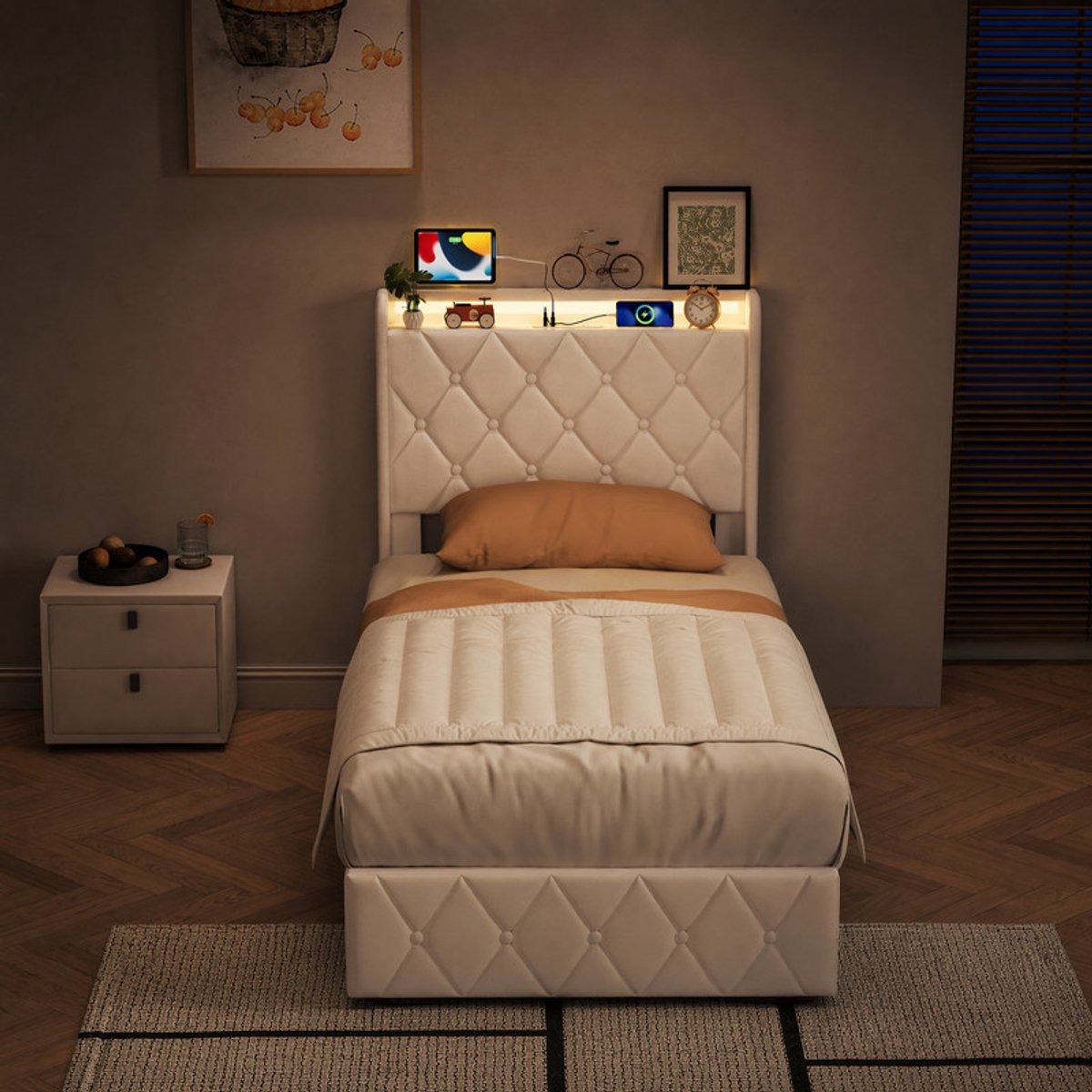 SHOPENTRA Hydraulisch Opbergbed 90x200 cm Beige Fluweel – Eenpersoonsbed met LED Hoofdbord, USB & Type-C Poorten, Opbergruimte en Lattenbodem
