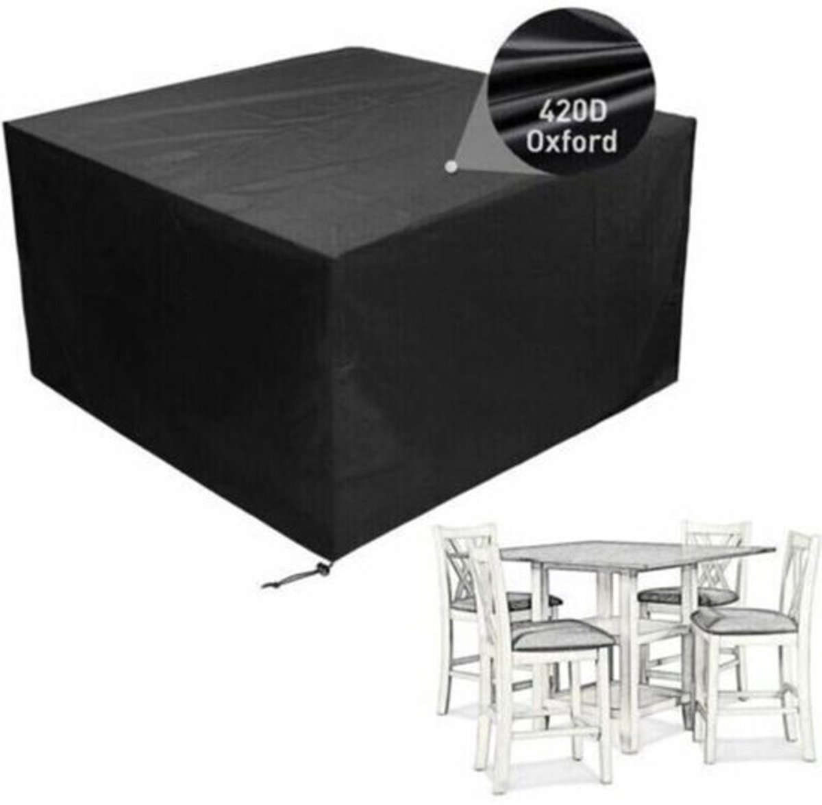 De beschermhoes voor de vierkante tafel en het tuinmeubilair is gemaakt van waterdicht Oxford-doek, dat UV-bestendig en weerbestendig is, en heeft een afgeschikt vooring van 135x135x74 cm.