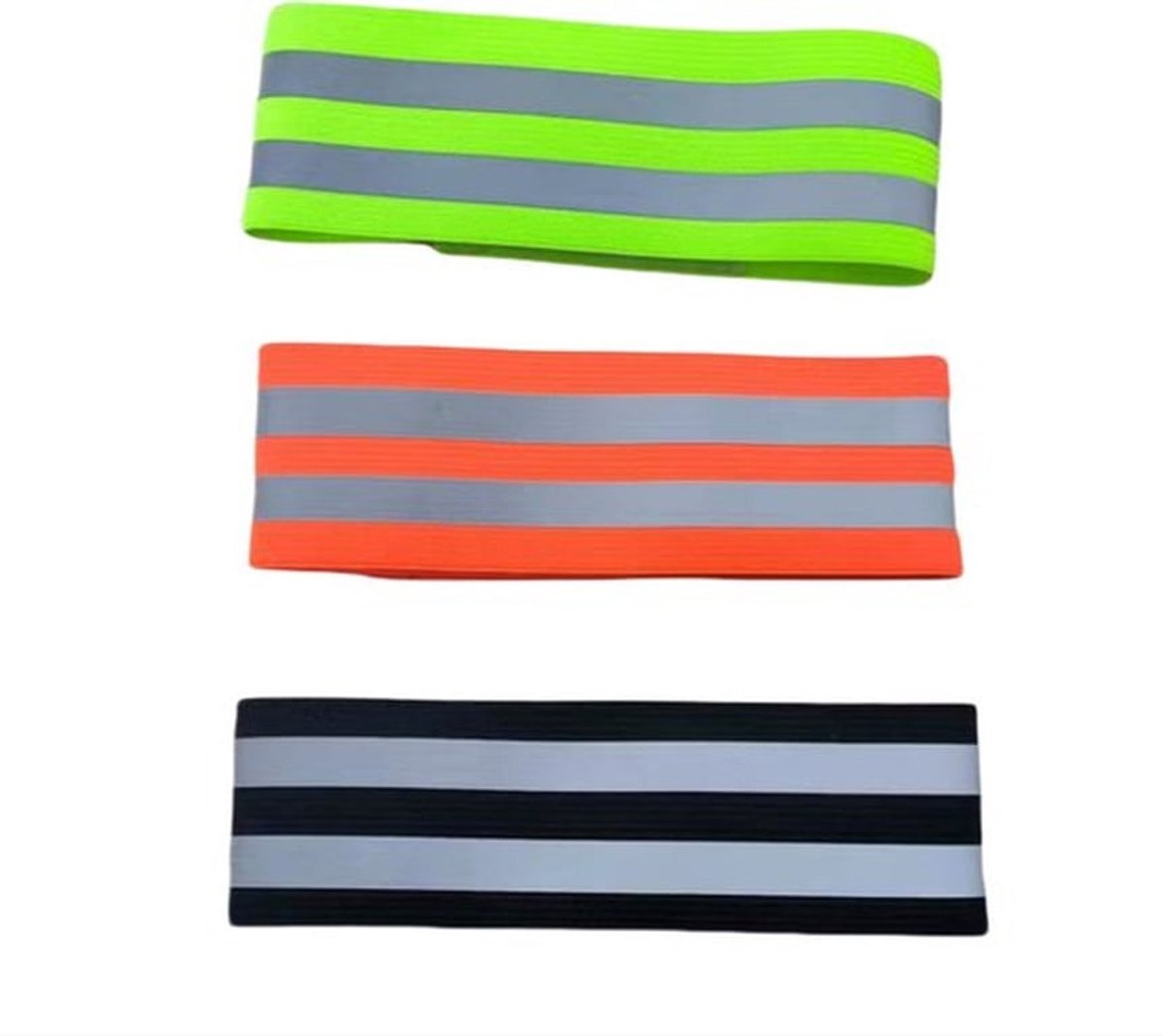 Set van zes stuks rode, groene en zwarte beenbandages voor buitensporten, inclusief reflecterende armbanden, beenbanden en voetbanden voor hardlopen, fietsen en mountainbiken in de avonduren.