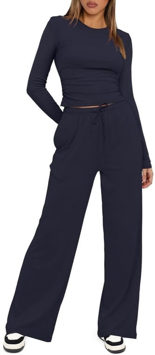 Lounge Set Zachte Jersey - Tweedelige Set - Lange Mouwen - Brede Pijpen - Hoge Taille - Relaxte Pasvorm