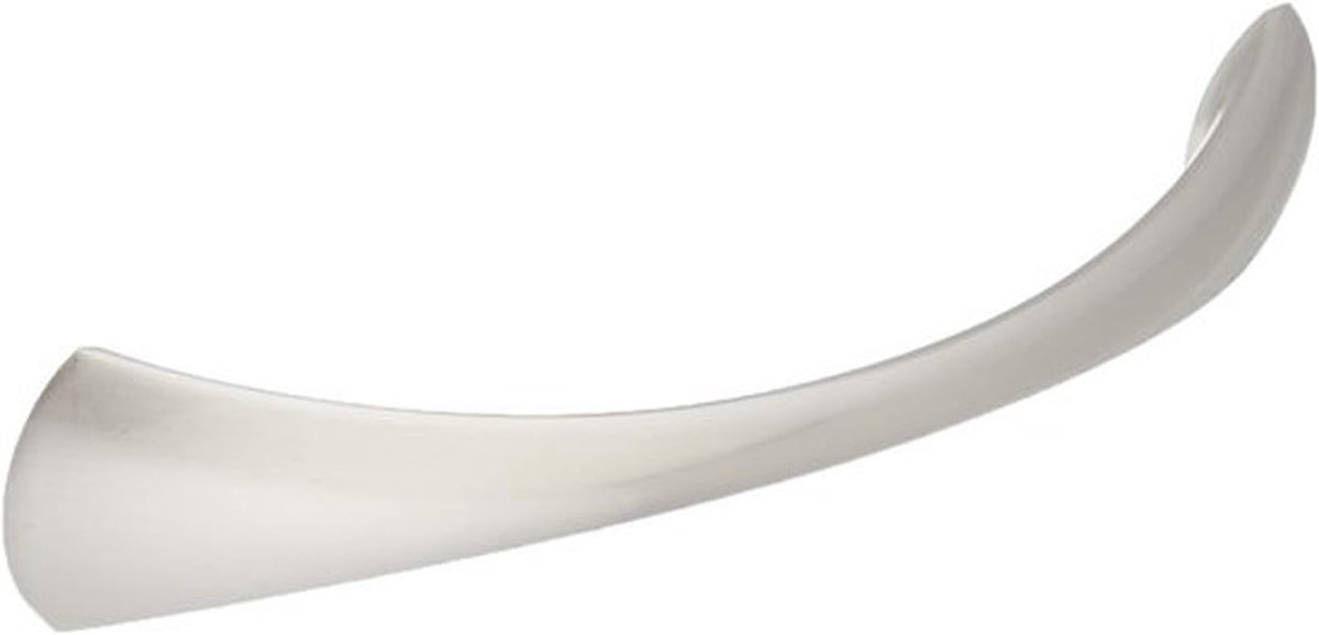 128 mm decoratieve kastgreep met centrale boog, satijnen nikkelafwerking