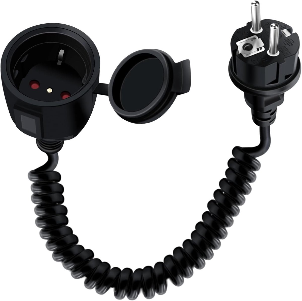 SnelShoppen - Schuko Verlengkabel Spiraalvormig 16 A 250 V met 2 Stopcontacten IP44 voor Binnen en Buitengebruik - Zwarte Spiraalkabel 1.5 m voor Thui