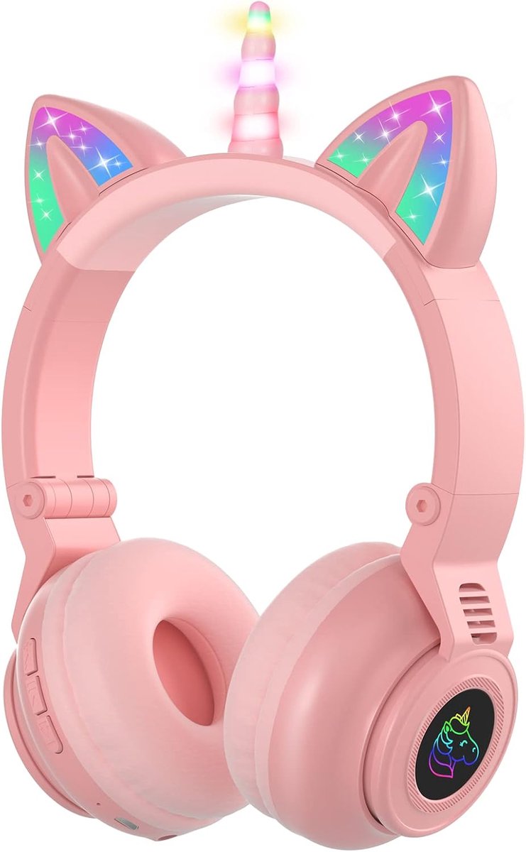 SnelShoppen - Draadloze Bluetooth-hoofdtelefoon voor Kinderen met LED-verlichting, Microfoon en SD-kaartsleuf, Roze, Perfect voor iPad/Kindle/Tablet e