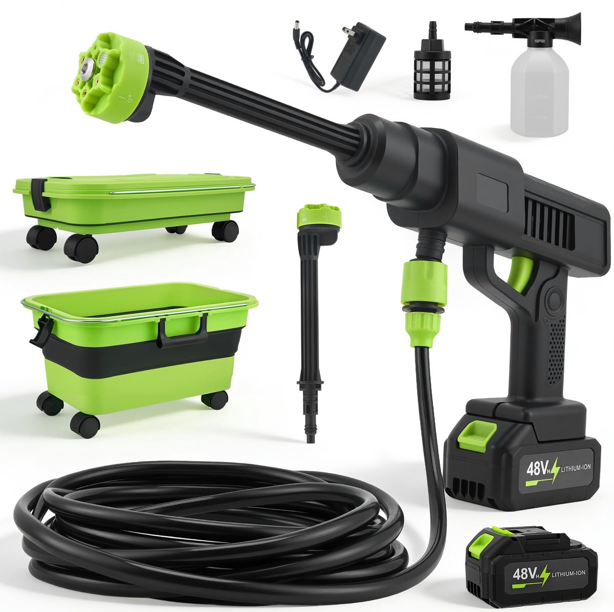 SnelShoppen - Draagbare Hogedrukreiniger 30 Bar met 2 Accu's 3,0 Ah, 22L Opvouwbare Tank, 6-in-1 Multifunctioneel Mondstuk - Draadloze Hogedrukreinige