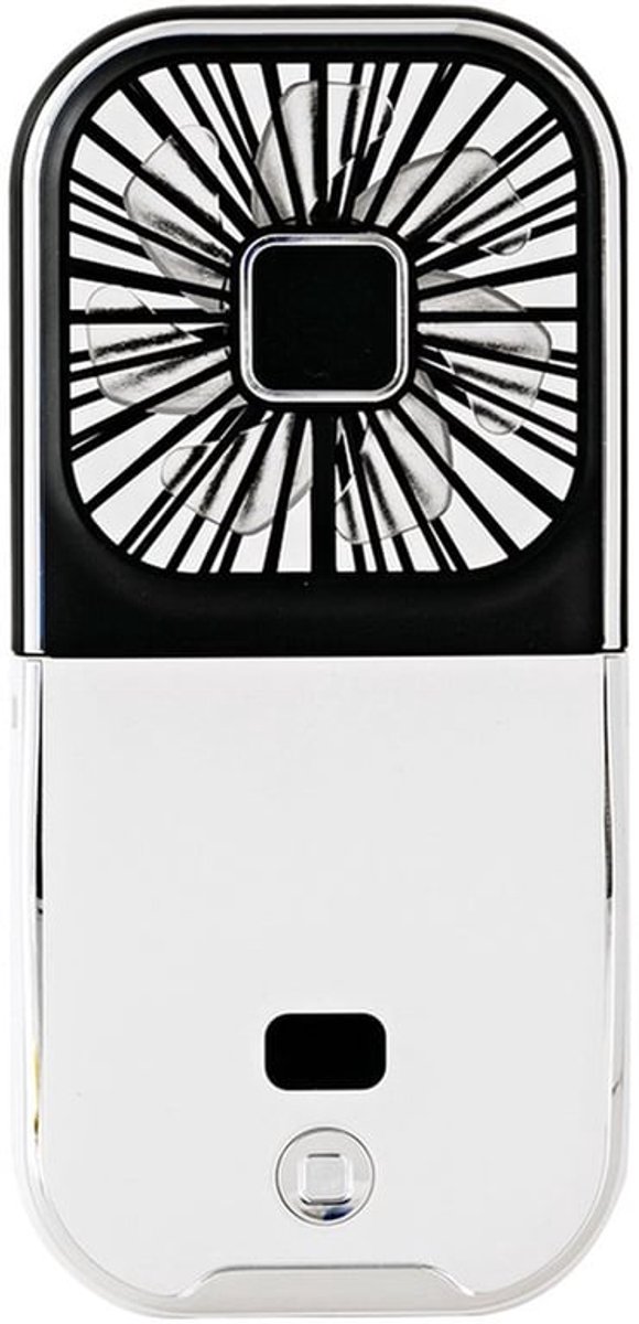 Bureauventilator, oplaadbare miniventilator, draagbare ventilator, ultradun en opvouwbaar, met telefoonhouder, 3000mAh capaciteit, verkrijgbaar in zwart en wit.