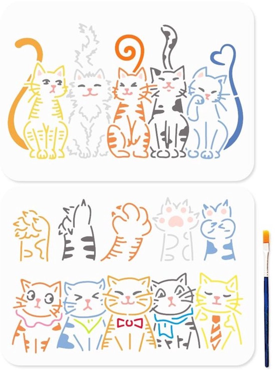 Kat Stencil Herbruikbaar - 2 Stuks - Schattige Katten - 29,7 × 21 cm - Dier Thema - Doe-Het-Zelf Ambacht - Schilderij Sjabloon