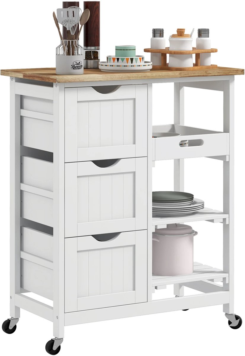 Chelsey-store Keukenkast – Keukentrolley – Opbergkast – Keukeneiland – 67 x 37 x 85,5 cm – Wit