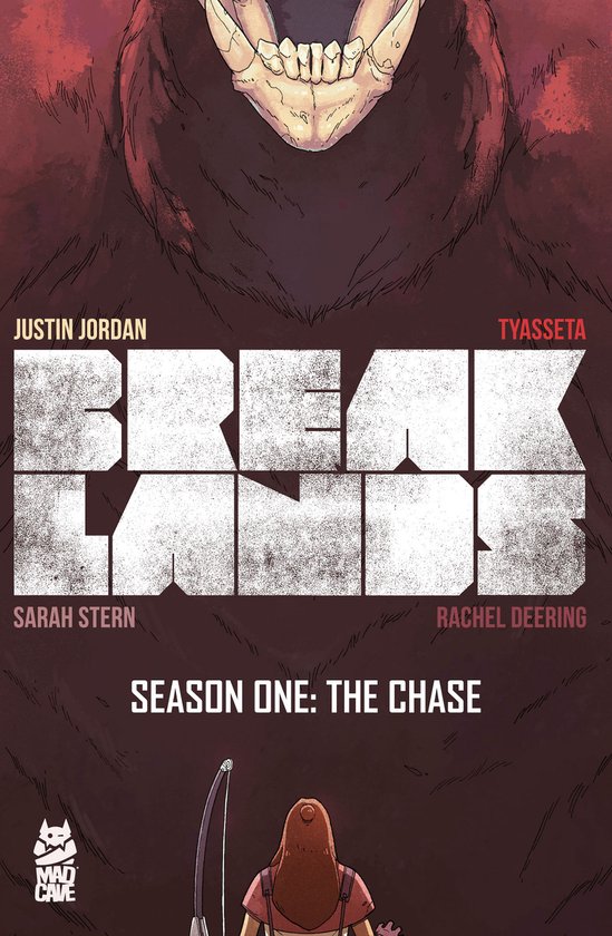 Comic "Breaklands Season One: The Chase" met bovenaan een grote, witte schedel van een aapachtig wezen. In het midden de titel "BREAKLANDS" in grote witte letters. Onderaan een vrouw met rood haar met een hengel.