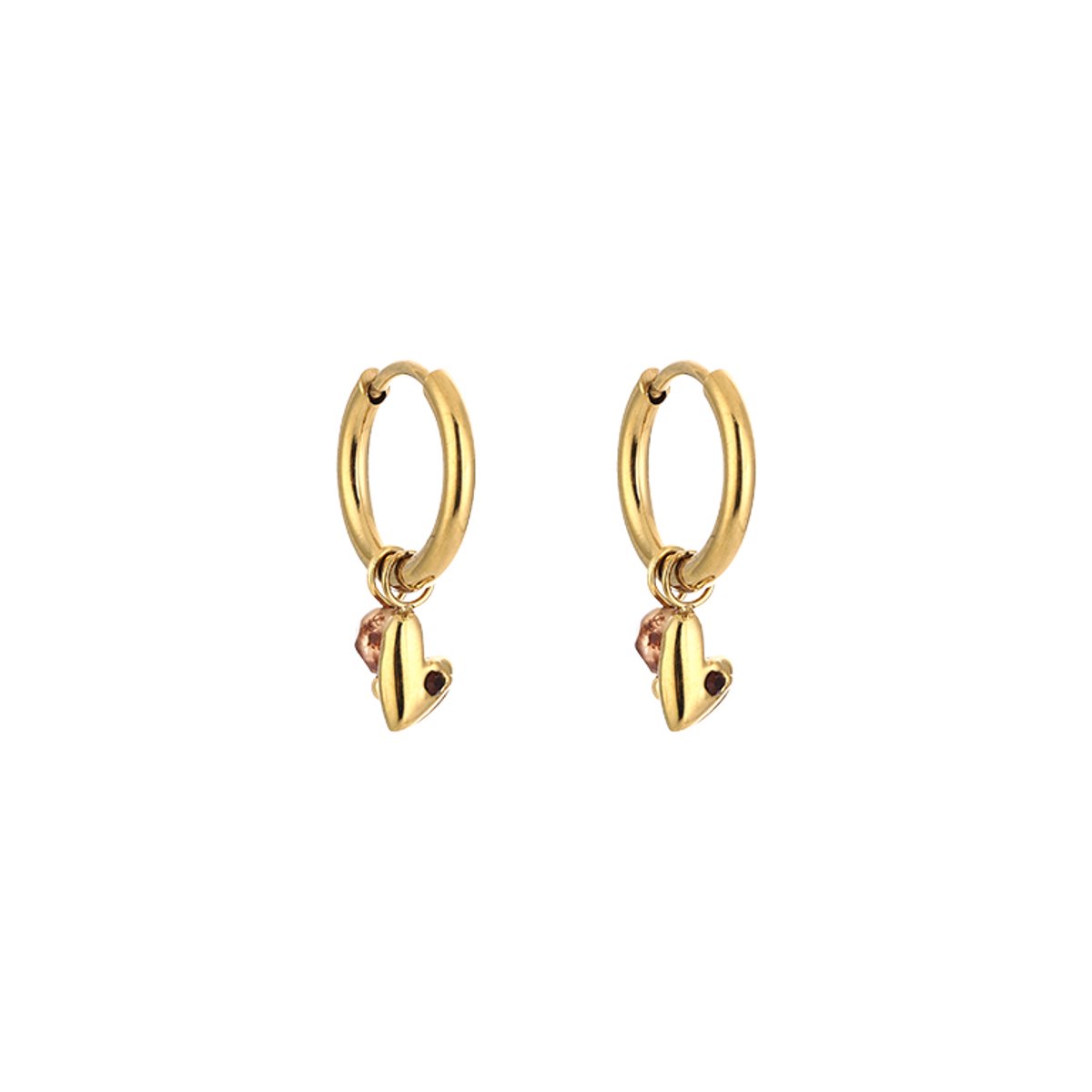Stainless Steel Heart & Bead Charm Huggie Hoops – Luxe Hart & Kraal Hanger Oorringen – RVS - Bruin