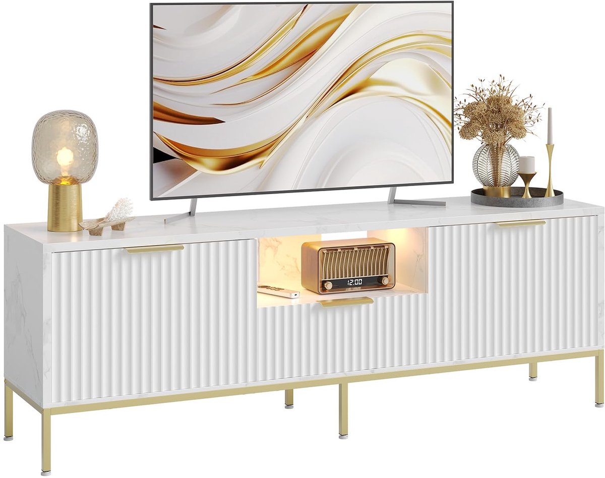 SnelShoppen - Bestier Tv-kast voor 55/60 inch televisie, Modern Entertainmentcentrum met Opbergruimte, Mediaconsole met Golfpatroon, Wit Marmer Afwerk