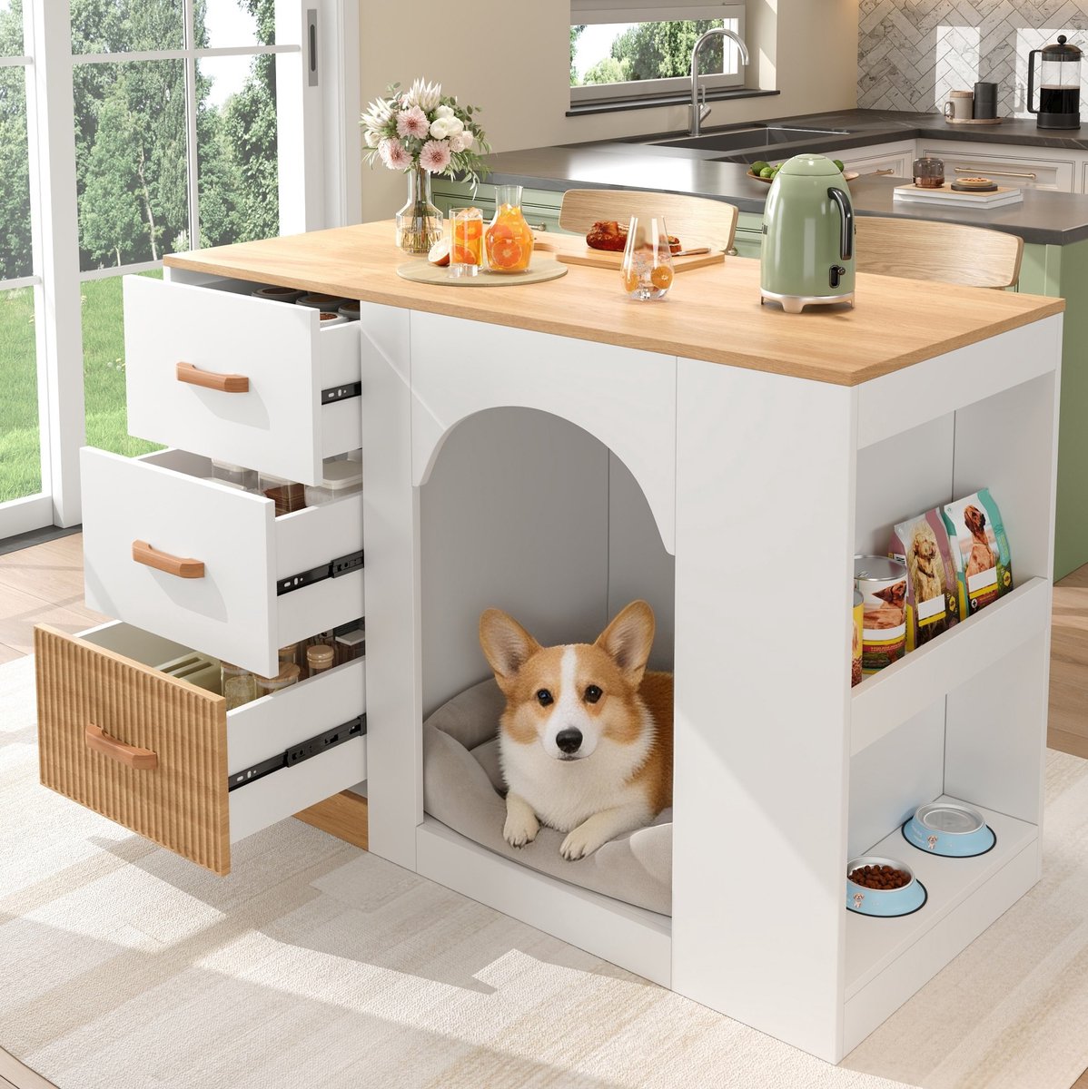 DESMIU Keukenkast - Keukeneiland Met Huisdierplek En 3 Lades - Met Zijopberging Voor Keuken - MDF - 120x60x90 Cm - Wit