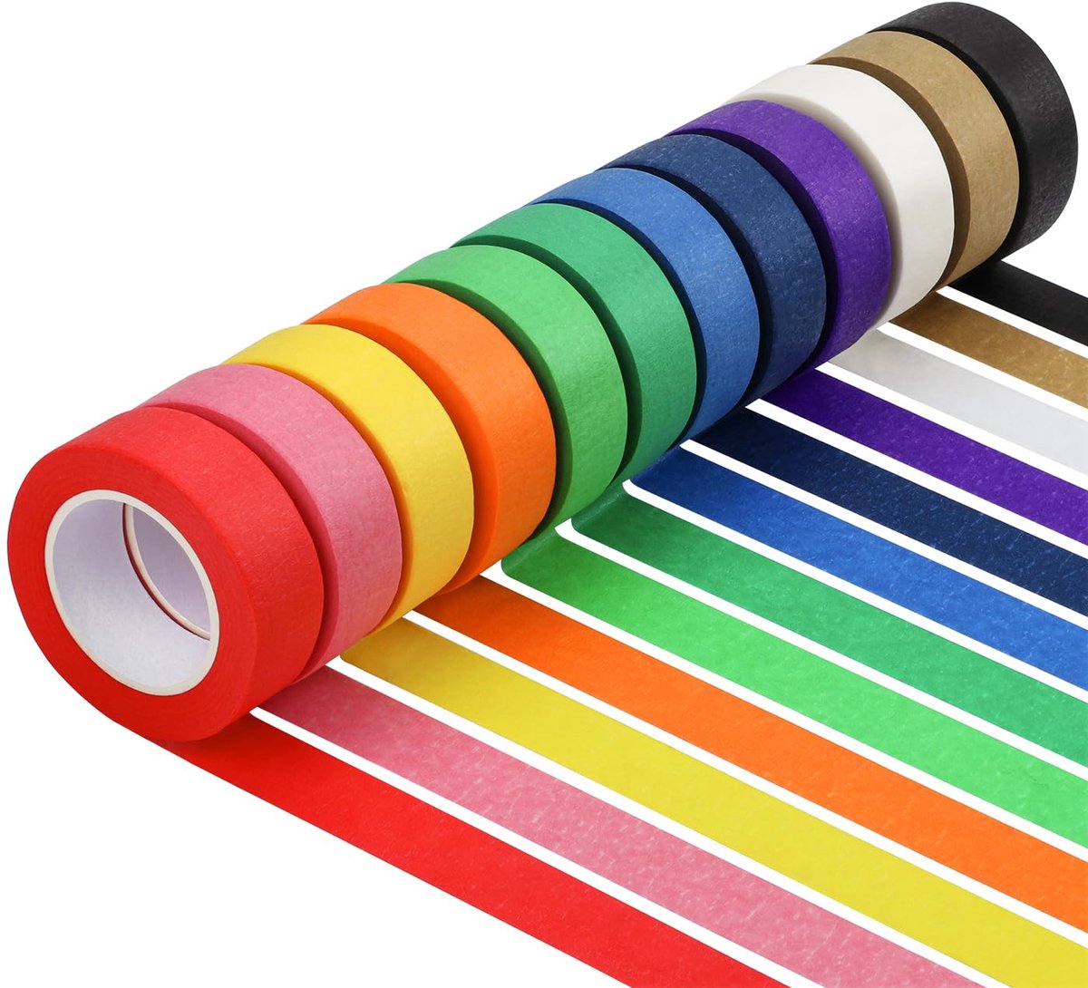 SnelShoppen - 12 Rollen Crepe Tape Kleurig, 20 mm x 13 m, Decoratieve Maskingtape voor Schilderen, Scrapbooking, Knutselen, Eco-vriendelijk, Regenboog