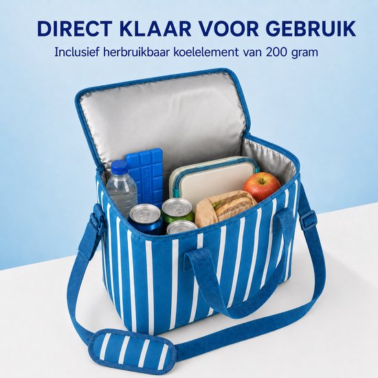 Benza – Compacte Koeltas 11 Liter met Koelelement 200 g – 30 × 15 × 25 cm – Met Handvatten en Schouderriem – Blauw & Wit van Benza — afbeelding 2
