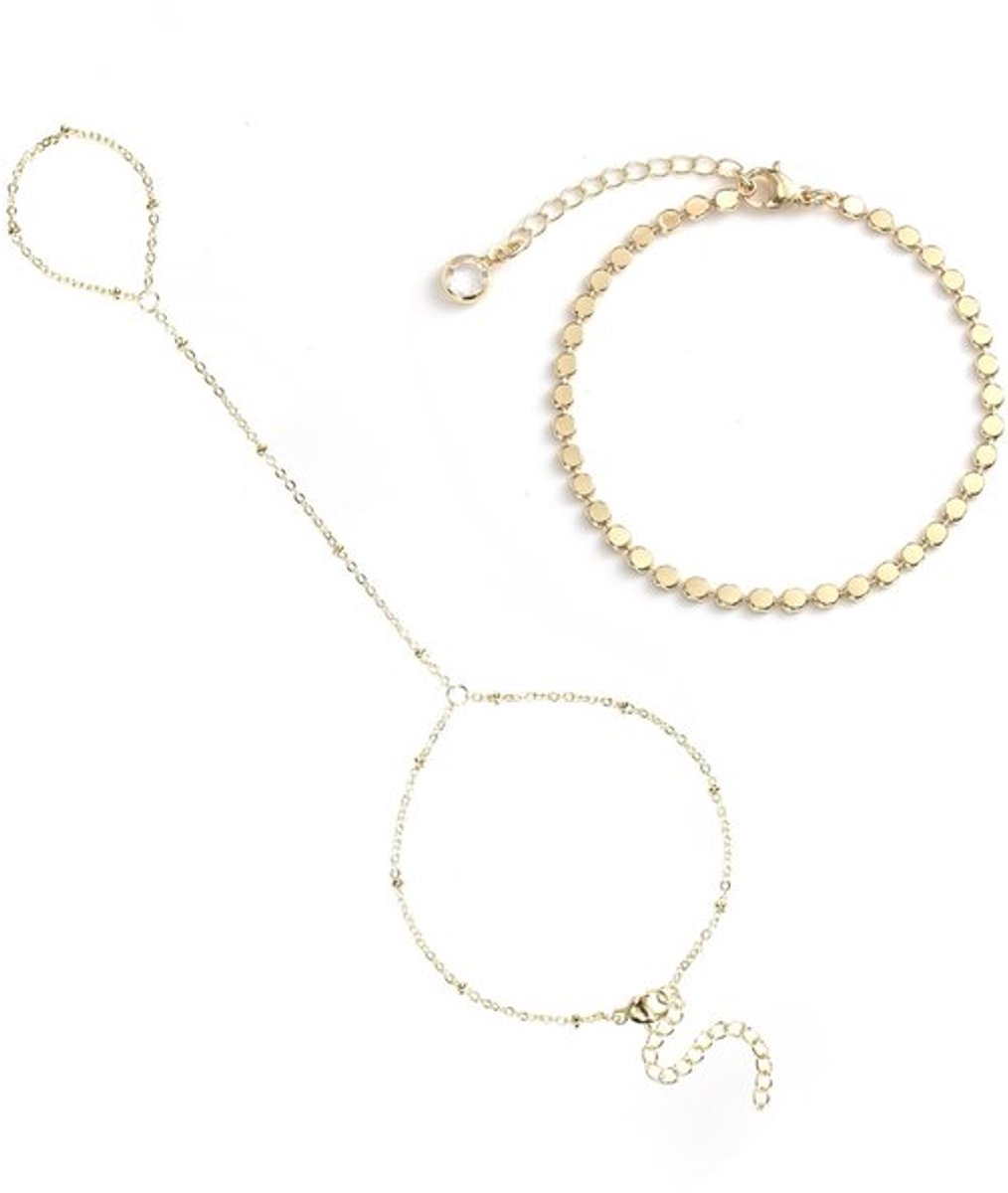 Ringarmband Goud - Verstelbare Handketting - Sierlijke Vingerring - Armband Dames - Mode-Sieraden - Elegante Combinatie