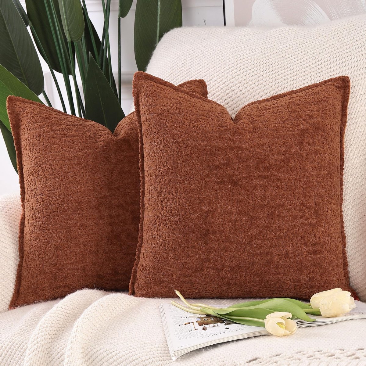 SnelShoppen - Set van 2 Zachte Chenille Fluwelen Franje Kussenslopen 60x60 cm Rood-oranje voor Sofa Boho Decoratie Woonkamer Slaapkamer Accent Kussens
