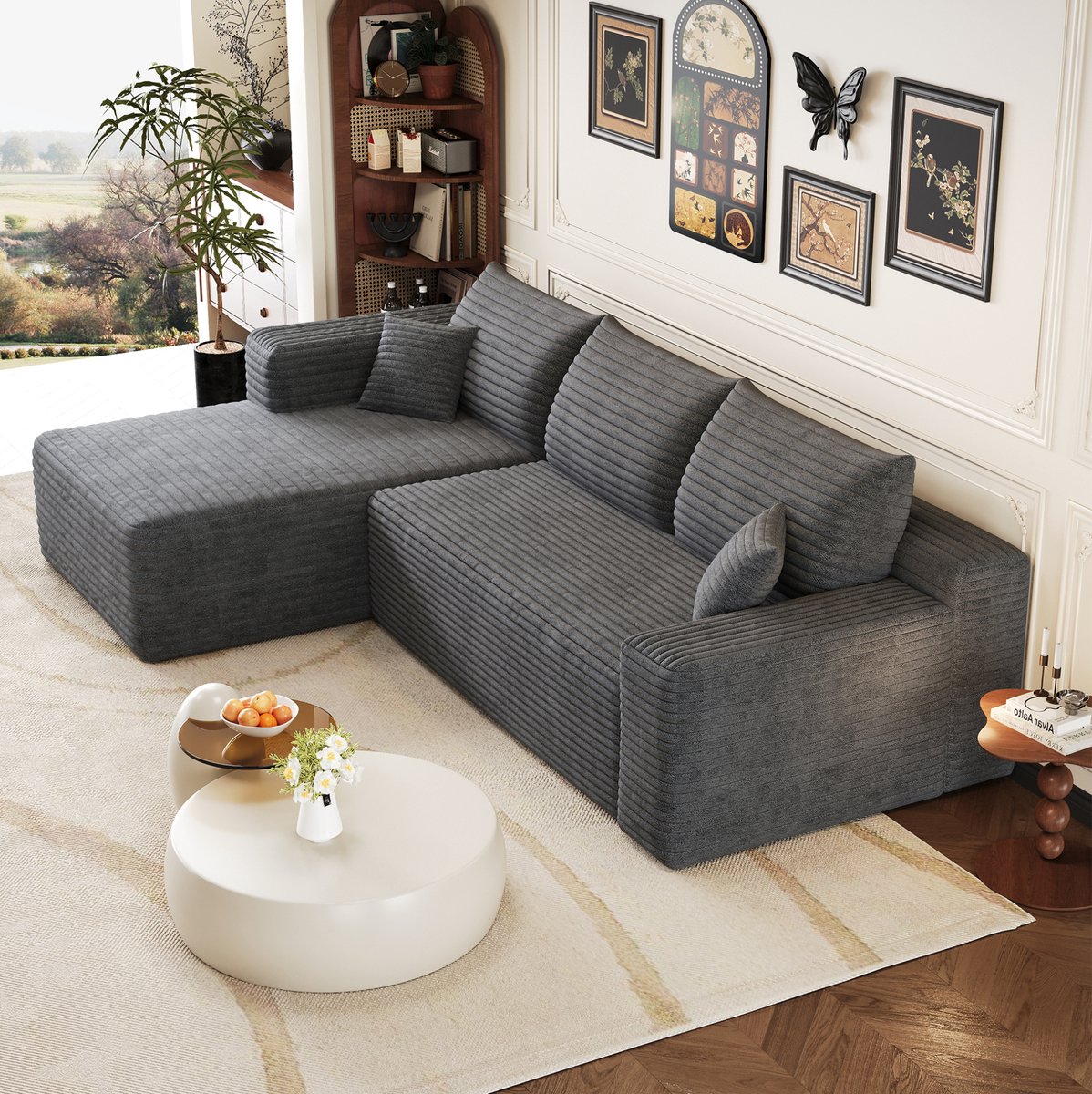 OKWISH Hoekbank 241 Cm - 3-Zits Met Omkeerbare Chaise Longue En Zonder Montage - Voor Woonkamer Of Slaapkamer - Stof - Donkergrijs