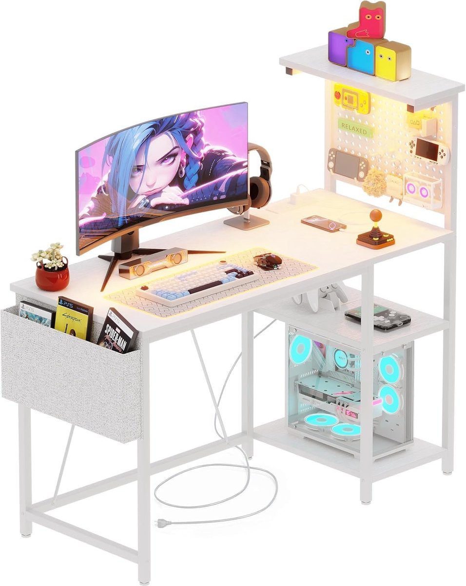SnelShoppen - Speeltafel 100 x 50 cm met gatenwand en stopcontact, compacte computertafel met omkeerbare planken voor hoekbureau in thuiskantoor, wit