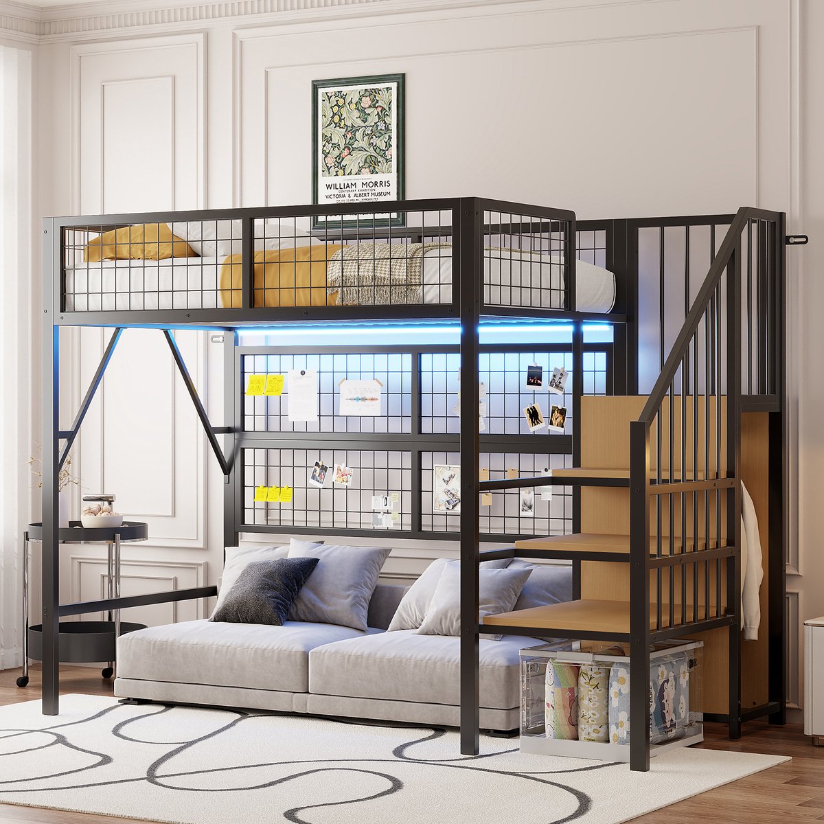 COVREO Hoogslaper met LED en trapopbergruimte – 90x200 cm – Metalen bedframe – Voor werkplek of speelhoek – Zwart - zonder matras