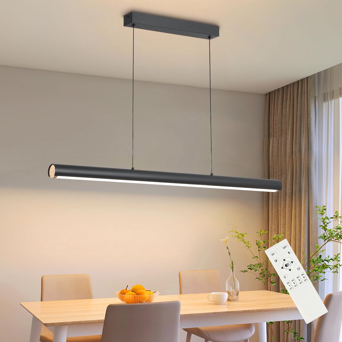 SnelShoppen - Dimbare Hanglamp 80cm Zwart voor Eettafel - Moderne Kroonluchter met Afstandsbediening - Hanglamp Hoogte Verstelbaar voor Eetkamer, Keuk