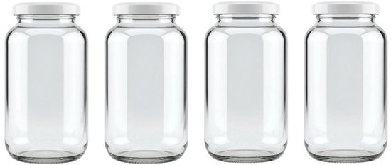 Quatre bocaux en verre vides et transparents de 1 litre avec couvercles à vis blancs, sur fond blanc.