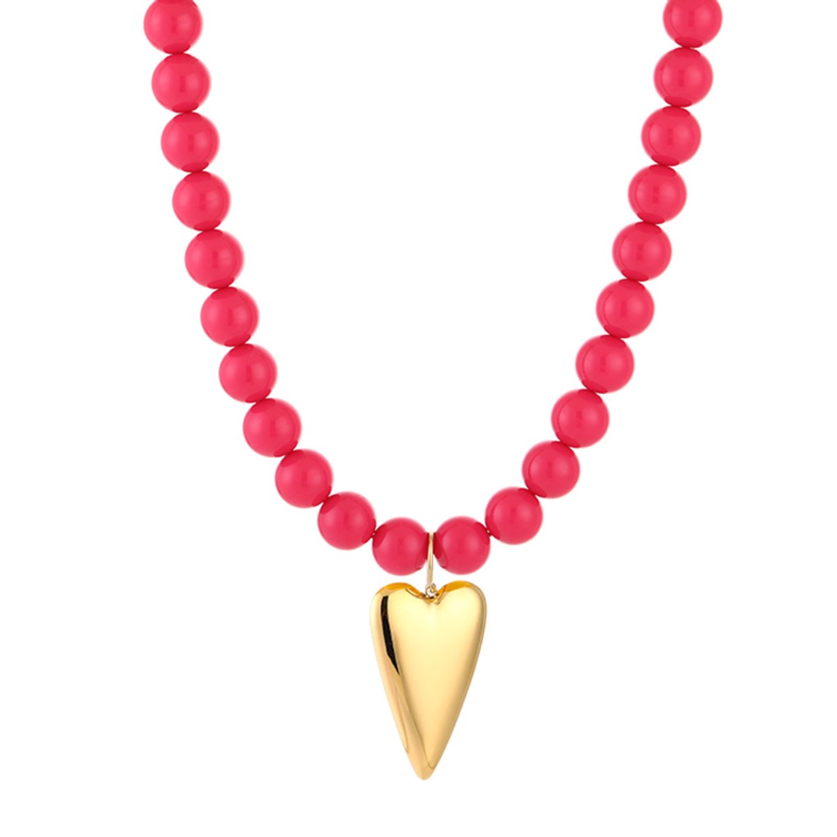 Vrolijke Dames Kralenketting - Matte Kralen met Glanzend Langwerpig Hart Bedel - Fushia