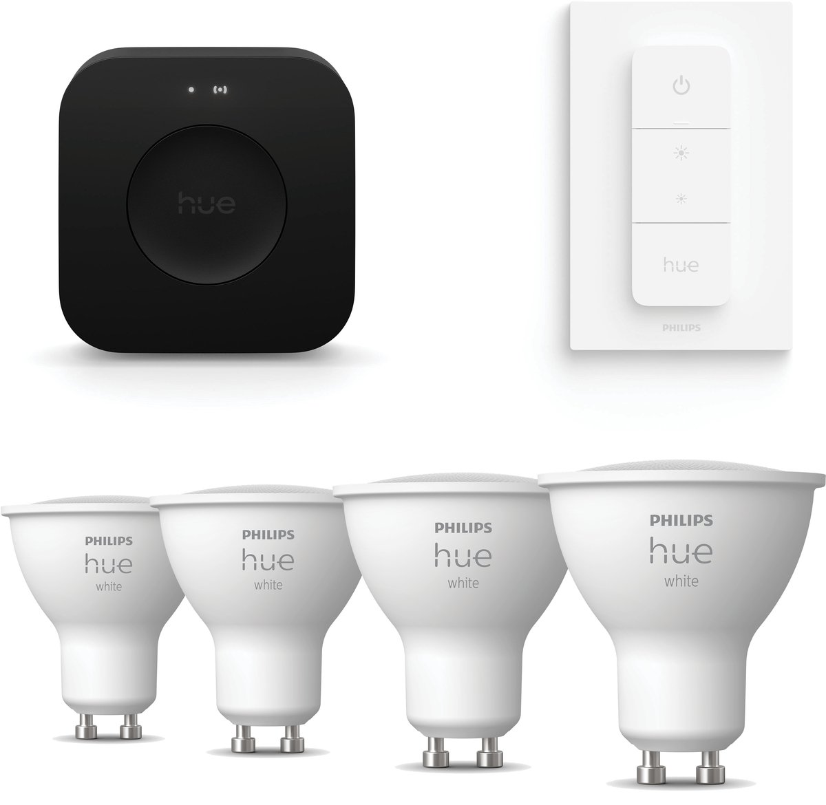 Philips Hue Starterspakket - GU10 - met 4 Spotjes - Warmwit Licht - Incl. Hue Bridge Pro, Hue Dimmer Switch - Hue White