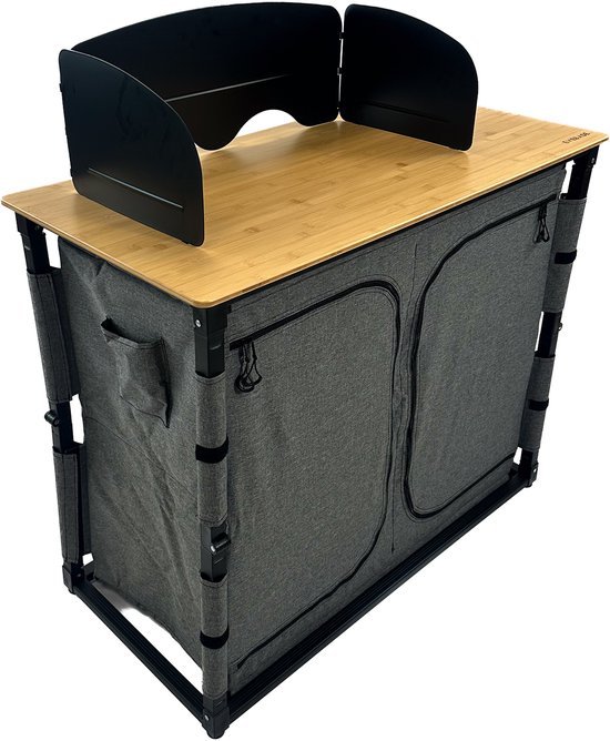 EveBase Flex Essential - Campingkeuken - Inklapbare Campingkast met Windscherm - Bamboe - Grijs/Zwart — afbeelding 5