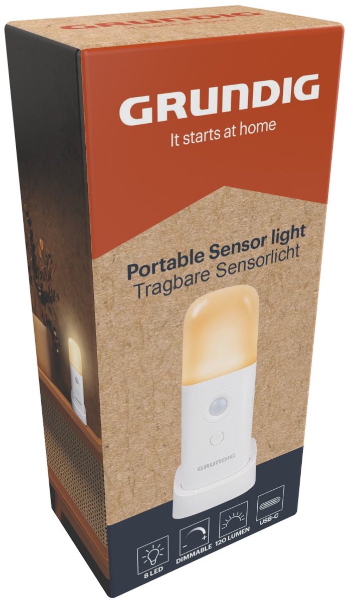 Grundig Draagbare Sensorlamp - LED Nachtlampje met Bewegingssensor - Warm Wit Licht 120 Lumen - Oplaadbaar via USB-C - met Houder en Dimbare Stand - Wit van Merkloos — afbeelding 3