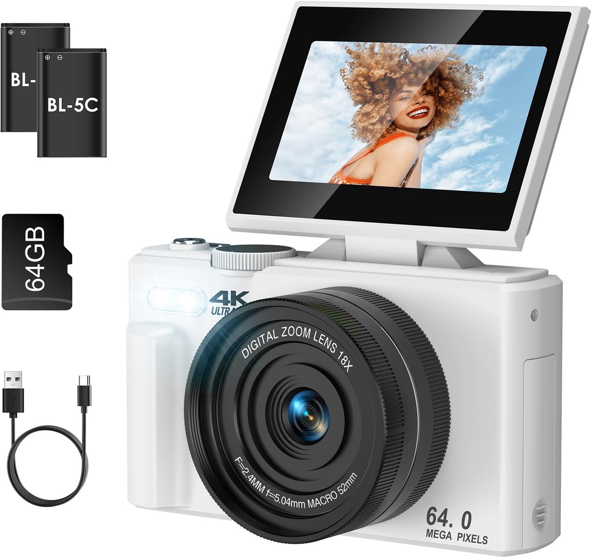 SnelShoppen - 4K Digitale Camera met Wifi Overdracht, 64 MP Vlogging Camera met 18x Zoom, 3 Inch Flipscreen, Autofocus YouTube Camera voor Kinderen en