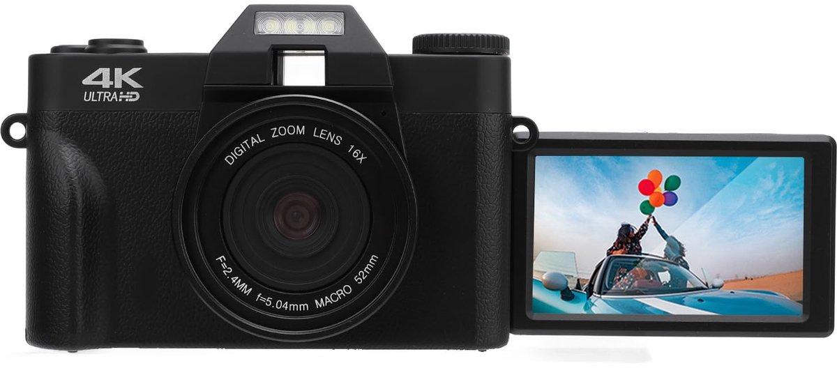 SnelShoppen - Digitale camera vloggen wifi 56 MP 4K YouTube 3-inch scherm 270°-rotatie 16-voudige digitale zoom compacte reiscamera voor feest, campin