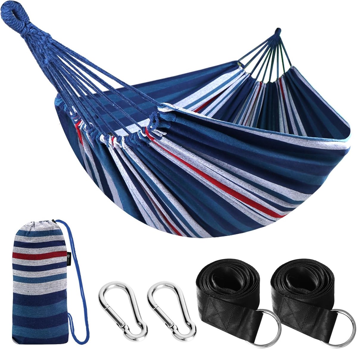 Hangmat 210x150 cm – Katoenmix, Draagkracht 200 kg, Inclusief Ophangset en Draagtas – Blauw/Wit/Rood