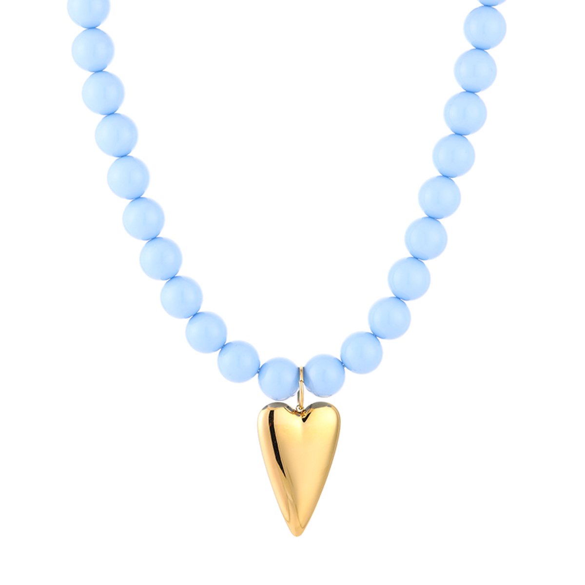 Vrolijke Dames Kralenketting - Matte Kralen met Glanzend Langwerpig Hart Bedel - Blauw