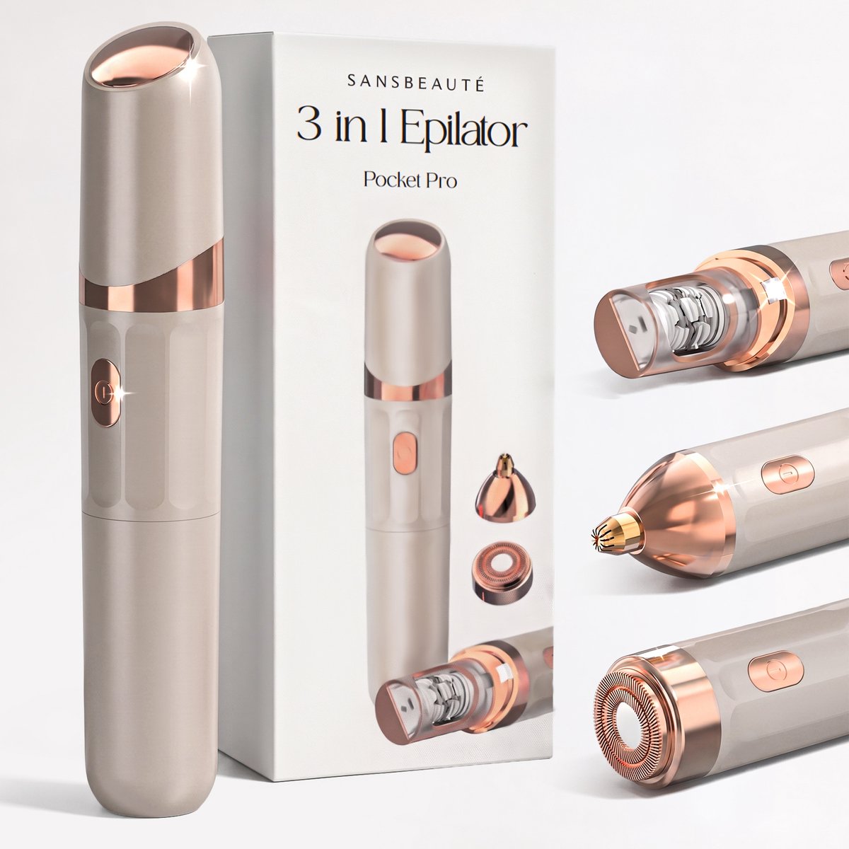 Sansbeauté 3 in 1 Epilator voor Vrouwen PocketPRO met Travel Bag - Epileerapparaat Dames - Epilator - Gezichtsepilator Vrouw - Gezichtsontharing Dames - Epilator Gezicht - Epilator Dames - Gezichtsepilator dames - Oplaadbaar - Rosé Gold