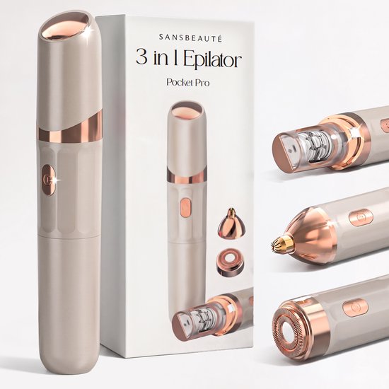 Een roze-gouden 3-in-1 epileerapparaat 'PocketPRO' met vier opzetstukken, naast de verpakking.