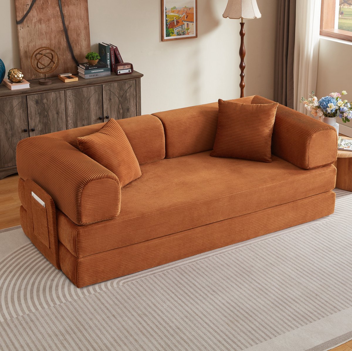 OKWISH Slaapbank - 3-Zits Vloerbank Met 2 Kussens En Slaapfunctie - Opvouwbaar Met Stalen Frame - Voor Woonkamer En Slaapkamer - Terracotta