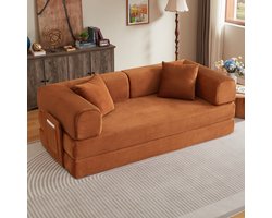 OKWISH Slaapbank - 3-Zits Vloerbank Met 2 Kussens En Slaapfunctie - Opvouwbaar Met Stalen Frame - Voor Woonkamer En Slaapkamer - Terracotta