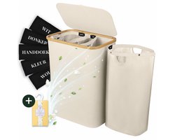Sivableu Wasmand Beige 3 vakken – Wassorteerder – 160L – 3 uitneembare zakken – Wasmand met Deksel – opvouwbaar - Laundry Basket - Wasbox - Bamboe - Labels